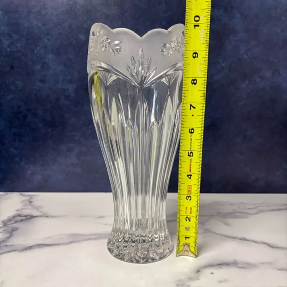 Heavy Clear Glass Vase Frosted Roses Scalloped Rim 10 in 4.3 lb